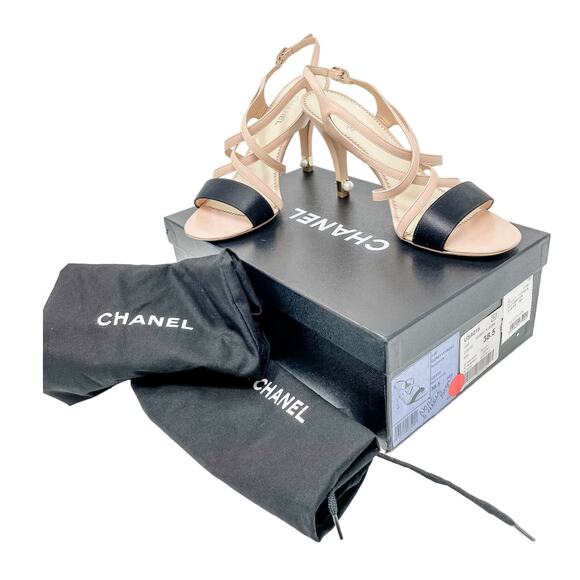Chanel Neutral Strappy Pearl Detail CC Logo High Heel Sandals size 38.5 US7.5 - Picture 7 of 16